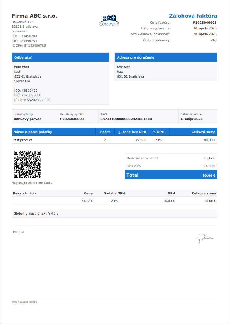 Ukážka zálohovej faktúry s vlastným logom, rozpisom DPH a platobným QR kódom